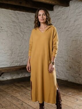 ANDREE BY UNIT Mustard Hooded Waffle Maxi Dress With Side Slits
